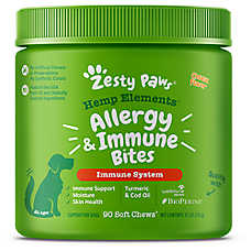 Zesty Paws Dog Hemp Elements Allergy & Immune Bites, Seasonal Allergies, Cheese Flavor, 90ct