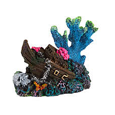 Top Fin? Coral and Boat Aquarium Ornament - Fish Tank Decor - Medium