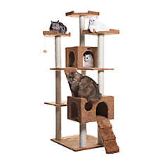 Armarkat 74-in Faux Fur Two Playhouses & Running Ramps Real Wood Cat Tree, Ochre Brown